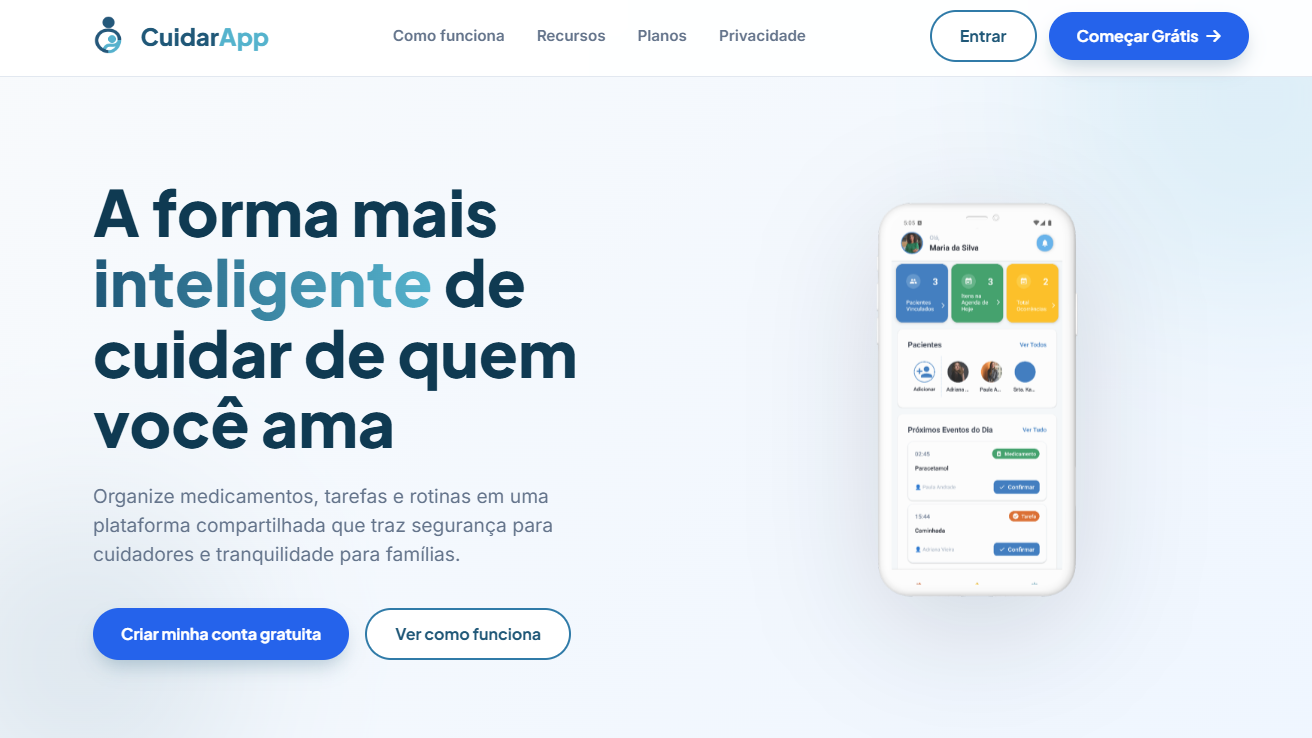 Screenshot do sistema CuidarApp — plataforma de gestão em saúde